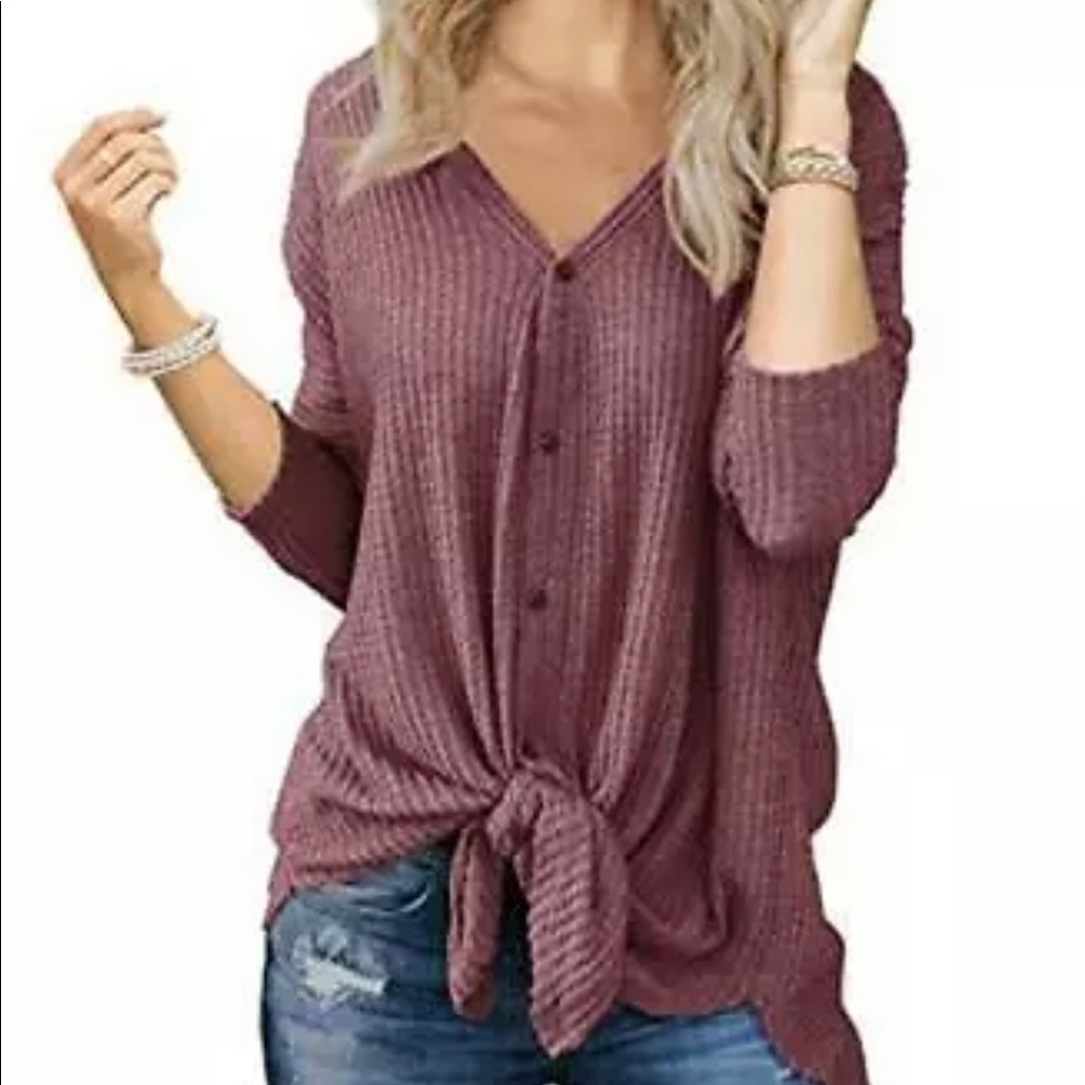 Women’s Henley Blouse Bat Wing Long Sleeve Wine